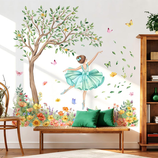 Watercolor Ballet Dancer Wall Decals, Removable Green Tree & Floral Wall Stickers with Butterflies, DIY Art Decor for Bedroom Nursery Playroom