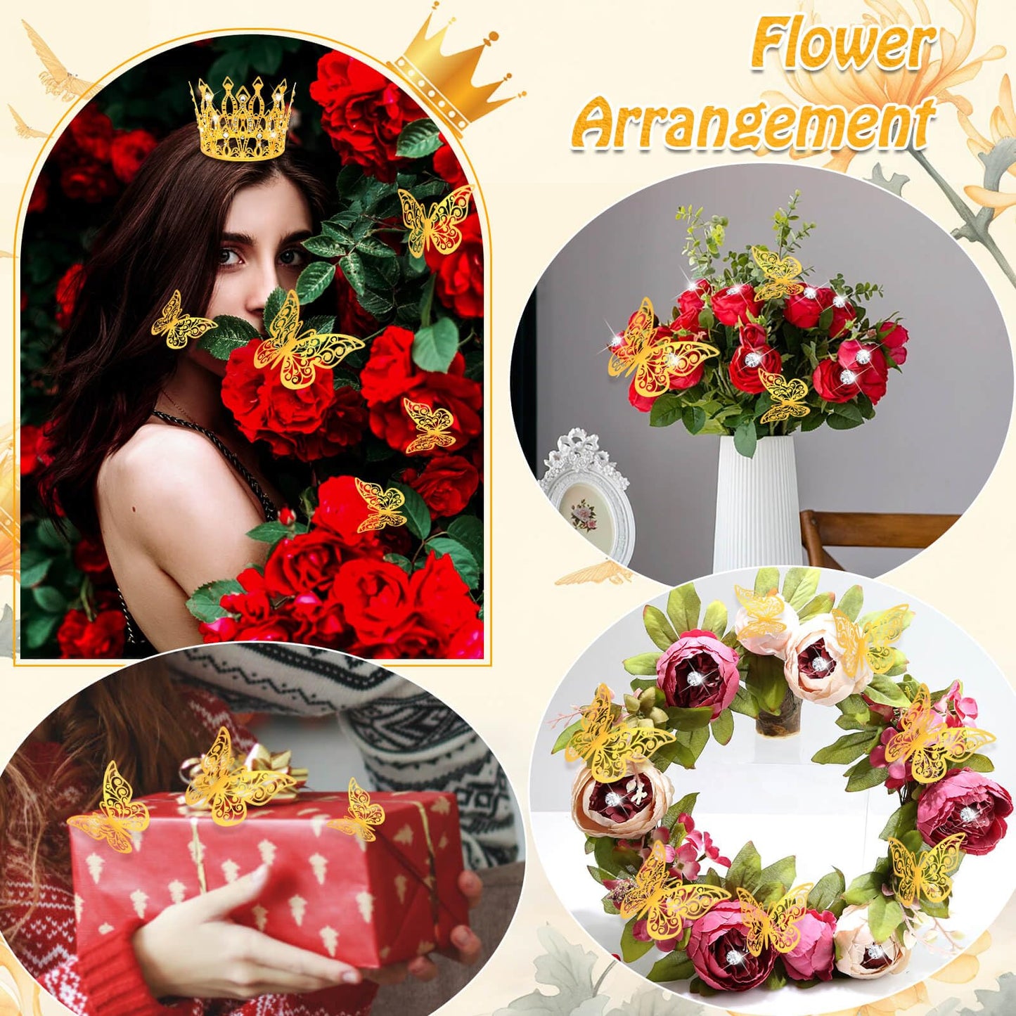 cridoz Gold Crowns for Flower Bouquets, Flower Bouquet Accessories Including 4 Pcs Bouquet Crown, 12 Pcs Butterfly Decorations and 50 Pcs Flower Pins for Birthday Wedding Baby Shower