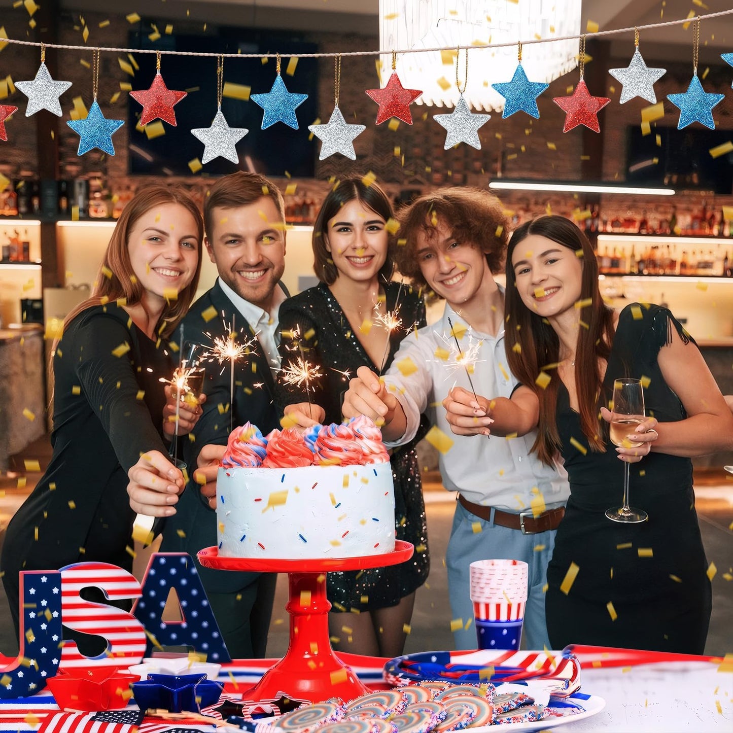DTOFOOT 48PCS Mini Resin Patriotic Star Ornaments 4th of July Hanging Pendants for Small Tree Glitter Blue Red Star Charms with String for Memorial Day Independence Day 250th Anniversary Party Decor