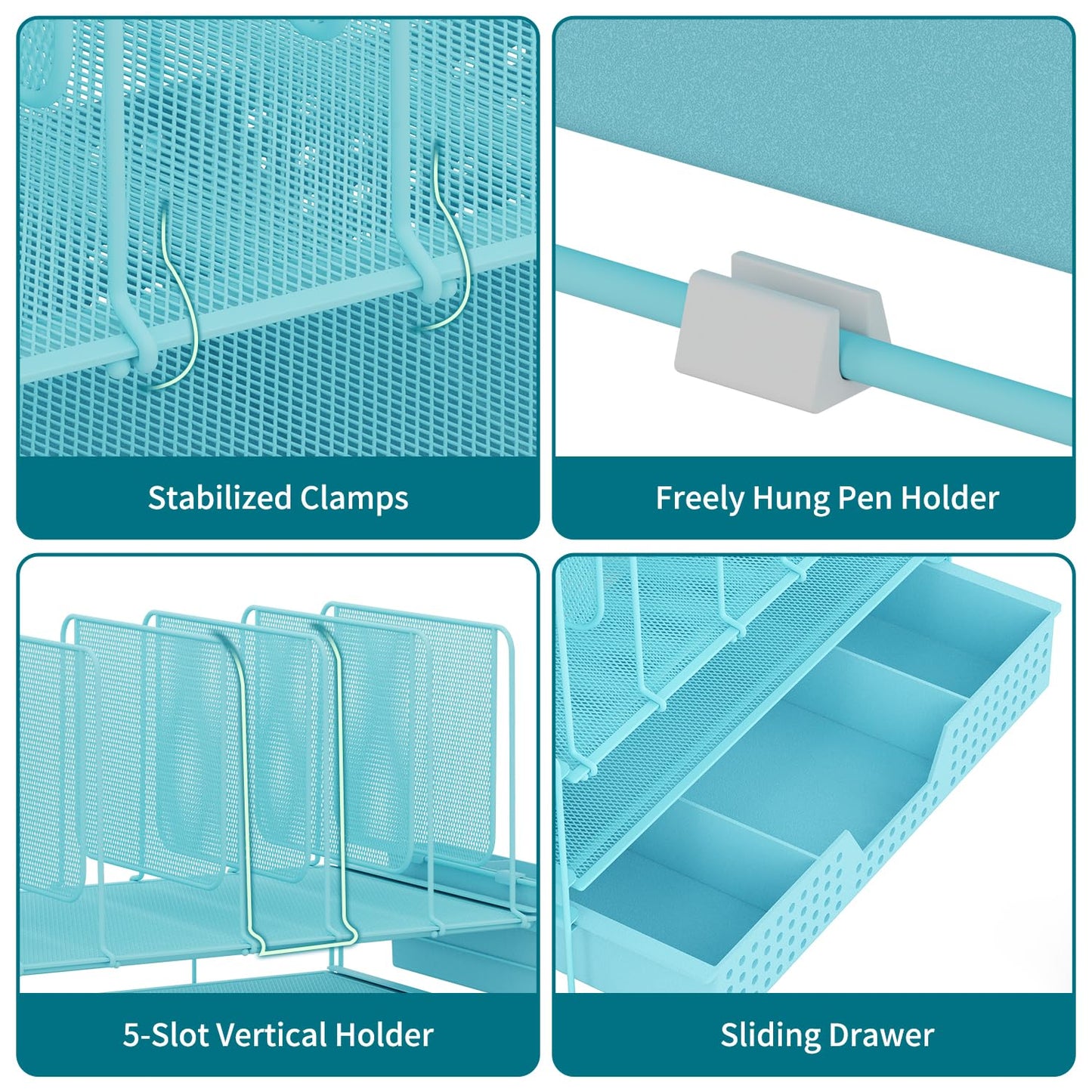 LEKETREE Teal Desk Organizer, Office Organization with Vertical File Holder, File Organizer with Drawer and Pen Holder, Desk Accessories and Workspace Organizers for Home Office (Sky Blue)