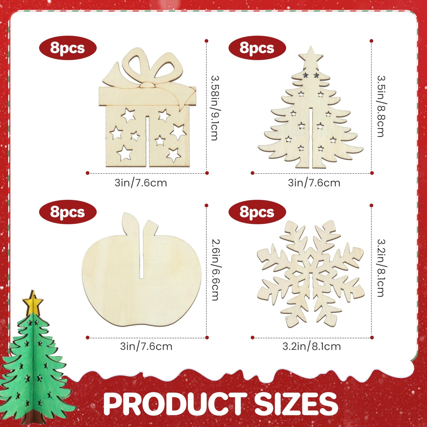 BENIMUS DIY 3D Christmas Wood Crafts to Paint, Unfinished Wooden Table Decorations, Wooden Slices Christmas Decor Cutouts Ornaments for Painting Decorations (32 PCS)