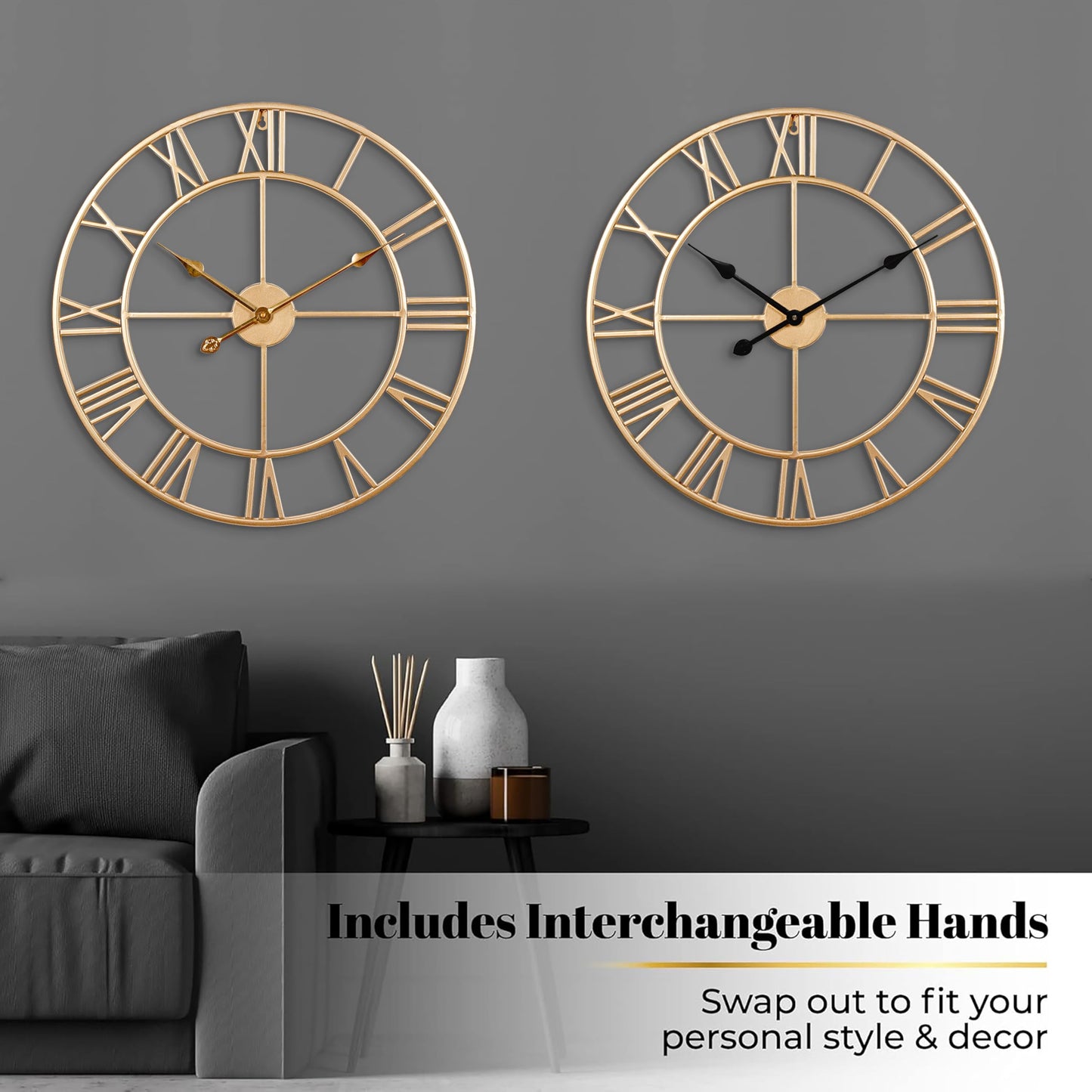 CLXEAST Champagne Gold Metal Wall Clock, Large Roman Numeral 24 Inch Wall Clocks for Living Room Decor,House Warming Gifts New Home