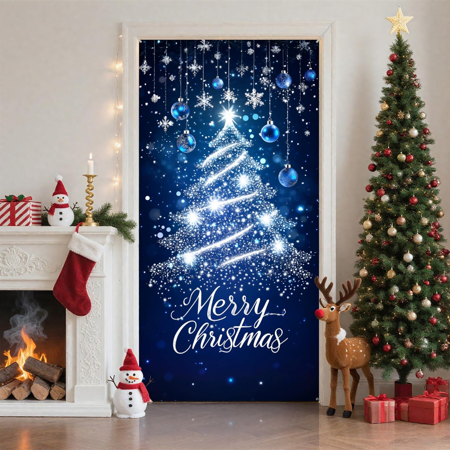 Christmas Door Cover Xmas Banner, 70.8 x 35.4 inch Hanging Front Door Cover Christmas Decor Backdrop Santa Background for Home Winter Holiday, Blue Christmas tree