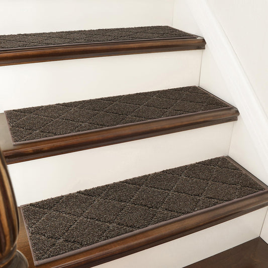 COSY HOMEER Edging Stair Treads Non-Slip Carpet Mat 28inX9in Indoor Stair Runners for Wooden Steps, Edging Stair Rugs for Kids and Dogs, 100% Polyester TPE Backing (15pc, Brown)