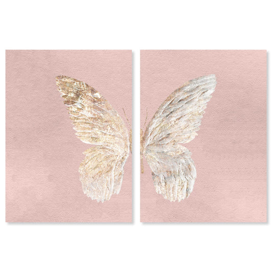 The Oliver Gal Artist Co. Fashion and Glam 'Gold Butterfly Glimmer Pink Blush Two Piece' Wings by Oliver Gal | Pink, Gold 2 Panel Wall Art | Canvas Wall Art | Ready to Hang Home Décor 2 - Piece Set ,