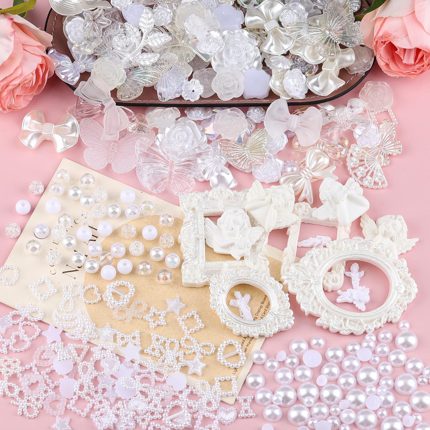 Kikonoke 350 Pieces 3D Resin Rose Flower Bows Butterfly Embellishments Angel Charms Picture Frame with Flatback Pearl Beads for Craft DIY Making Supplies (White)