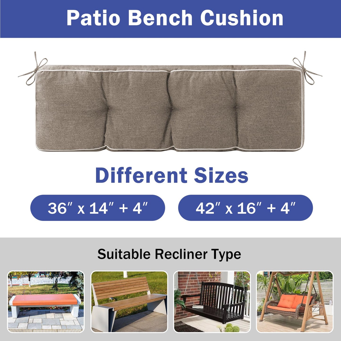 IPYNBAP Bench Cushion, 42 x 16 Inch Patio Furniture Cushions with Durable Ties, Soft Memory Foam Bench Cushions for Indoor/Outdoor Furniture with Non-Slip Bottom, Kitchen&Dining, Khaki