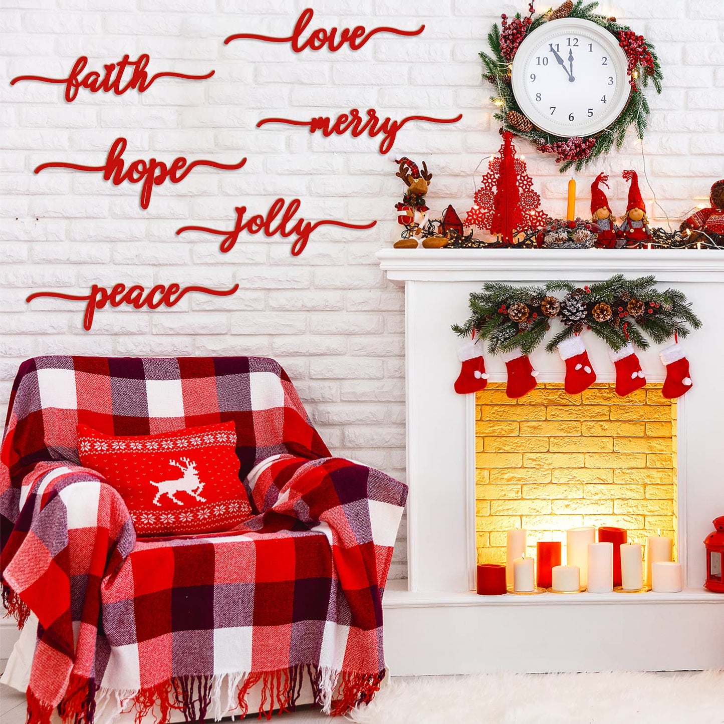 BORAMDO Christmas Wooden Letter Wall Sign Decor 12Pcs, Wooden Words Cutouts for Home Decorations, Table Plate Rustic Ornaments, Blessed Joyful Believe Welcome Merry Christmas Red Wooden Signs…