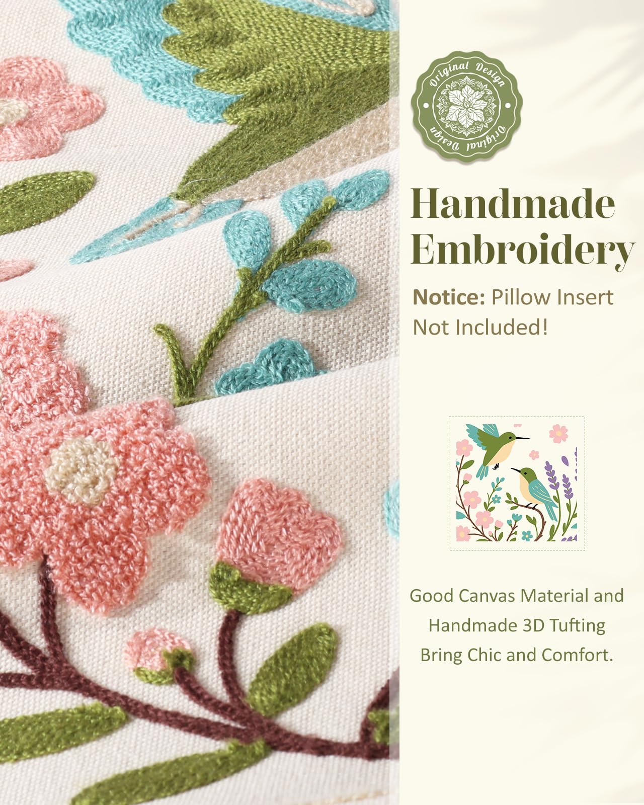 Kokaaee Spring Pillow Cover 18x18 Inch – Embroidered Summer Throw Pillow Cover Flowers Birds Farmhouse Decorative Cushion Case with Hidden Zipper Decoration for Couch, Sofa, Living Room(1 Pack)