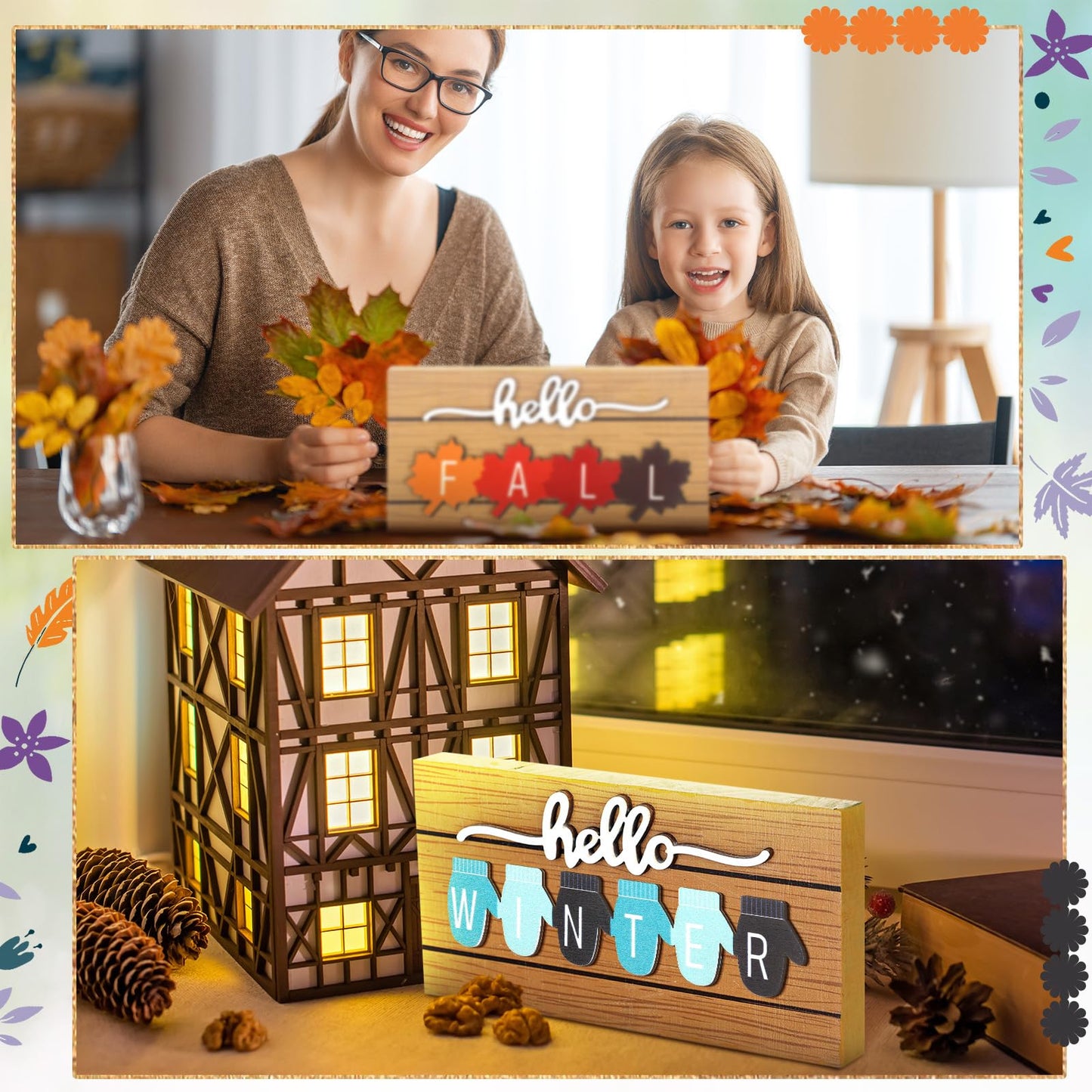 Roowest 5 Pcs Hello Spring Interchangeable Sign Seasonal Sign Summer Fall Winter Tiered Tray Decor 5.9 x 3 Inch Wooden 4 Seasons Farmhouse Table Centerpiece Decoration for Home Shelf Office(Simple)