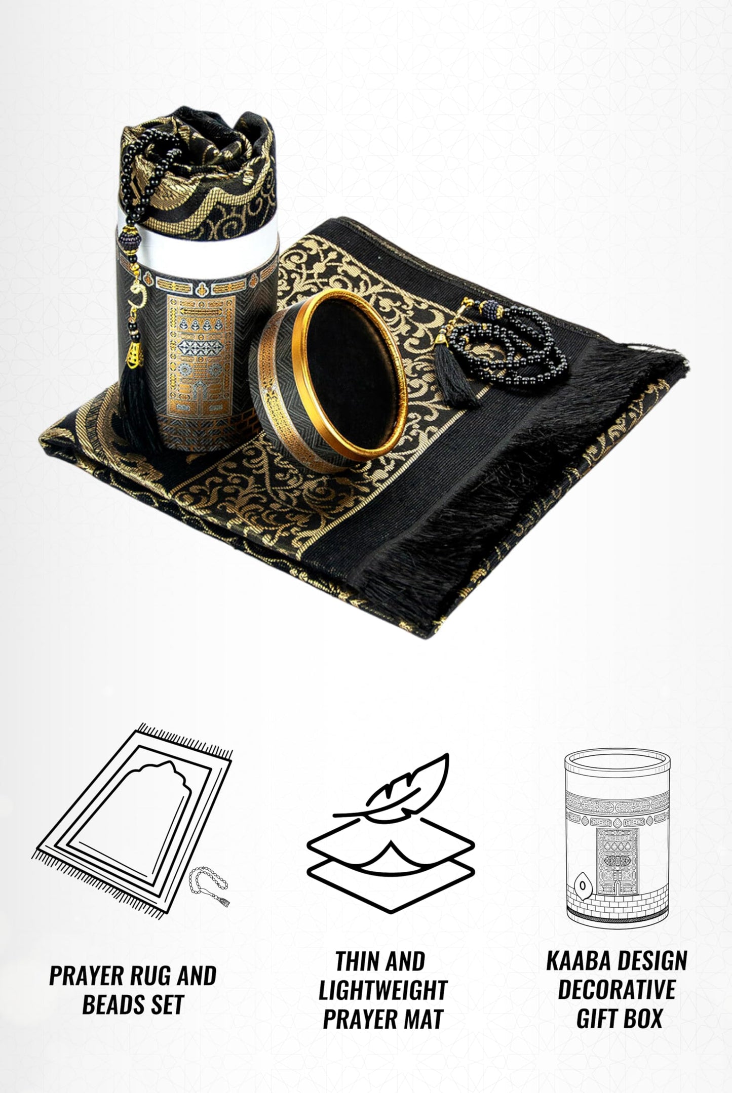ihvan online Muslim Prayer Rug and Prayer Beads with Elegant Design Cylinder Gift Box, Janamaz, Soft Sajadah, Islamic Gifts Set, Portable Prayers Carpet Mat, Taffeta Fabric, Black