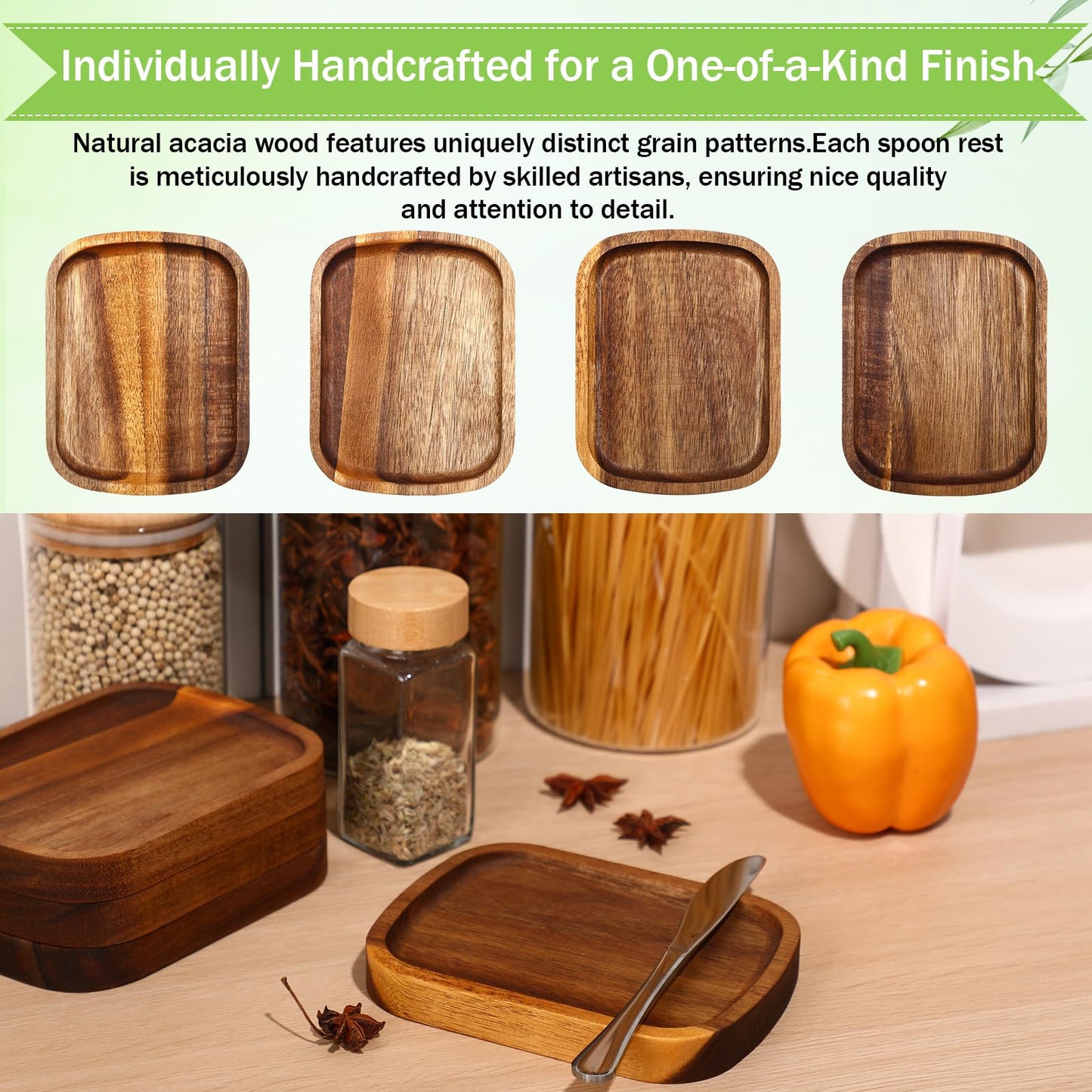 Honeydak 4 Pcs Acacia Wood Spoon Rest for Stove Top Handmade Smooth Wooden Kitchen Spoon Holder for Ladles Tong Cooking Accessories Housewarming Gifts, 5.9" x 4.5"