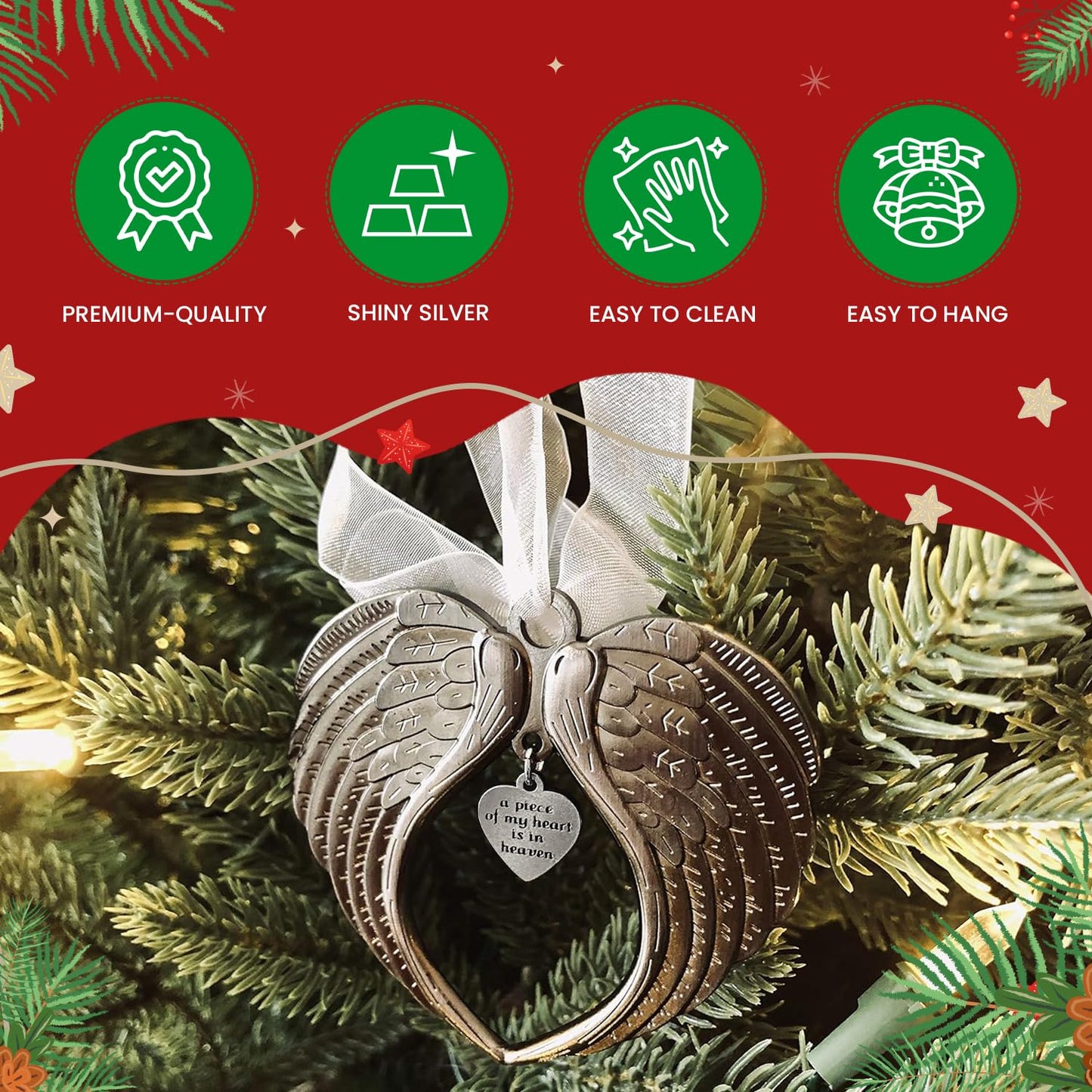Christmas Ornaments Angel Wings - A Piece of My Heart is in Heaven Ornament for Christmas Tree - Double Sided Memorial Ornament for Loss of Loved One - Luxurious Silk Ribbon & Red Gift Bag