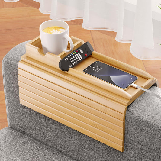 Bestjing Bamboo Sofa Armrest Tray - Couch Arm Tray with Detachable Couch Cup Holder - 2 in 1 Anti-Slip Foldable Sofa Armchair Caddy Table for Drinks Cellphone TV Remote Snacks