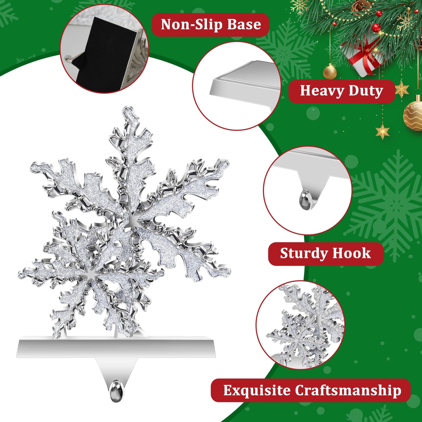 Loncaster Stocking Holders for Mantle Set of 2, Snowflakes Christmas 3D Stocking Hangers for Mantel with Shiny Metal & Glitter, Christmas Stocking Holder for Fireplace, Shelf, Tabletop (Sliver)