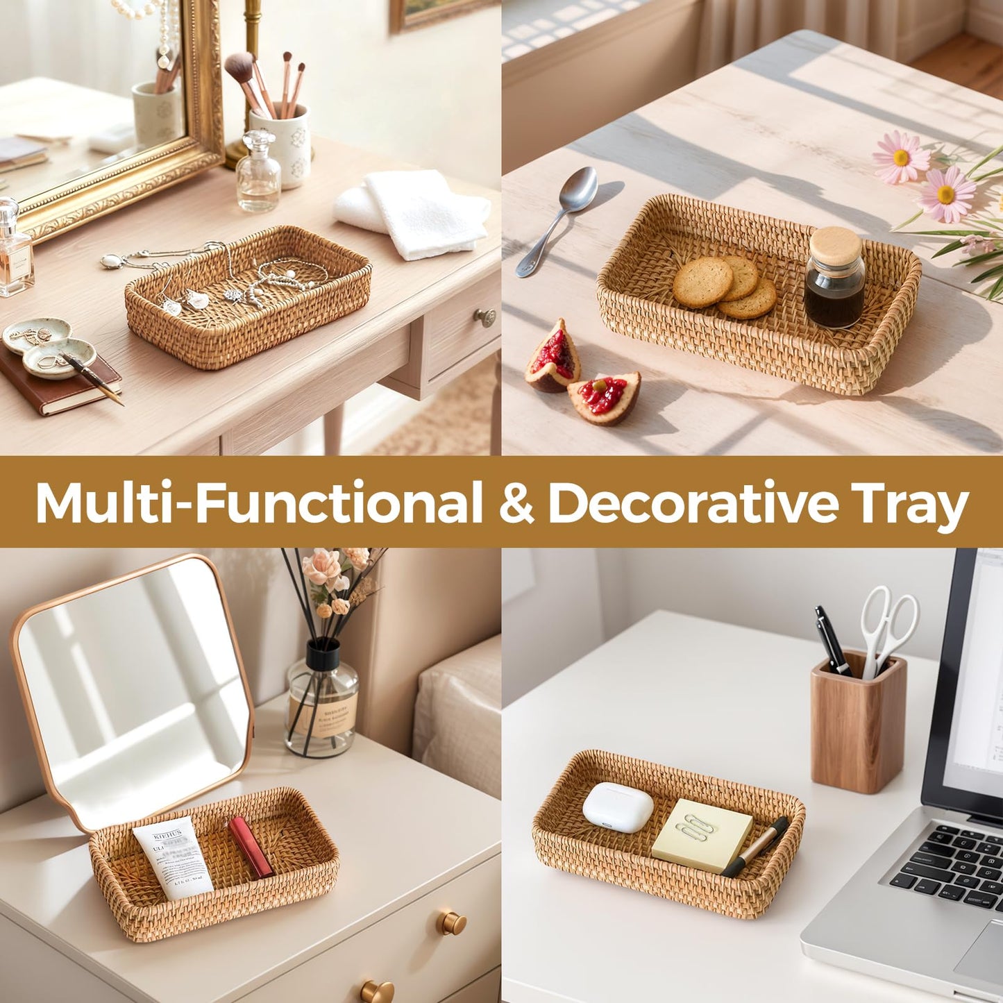Small Rattan Serving Tray, Woven Rectangle Traykey Bowl for entryway, Natural Wicker Trays Key Bowl Decorative Baskets for Coffee Table, Kitchen, Bathroom