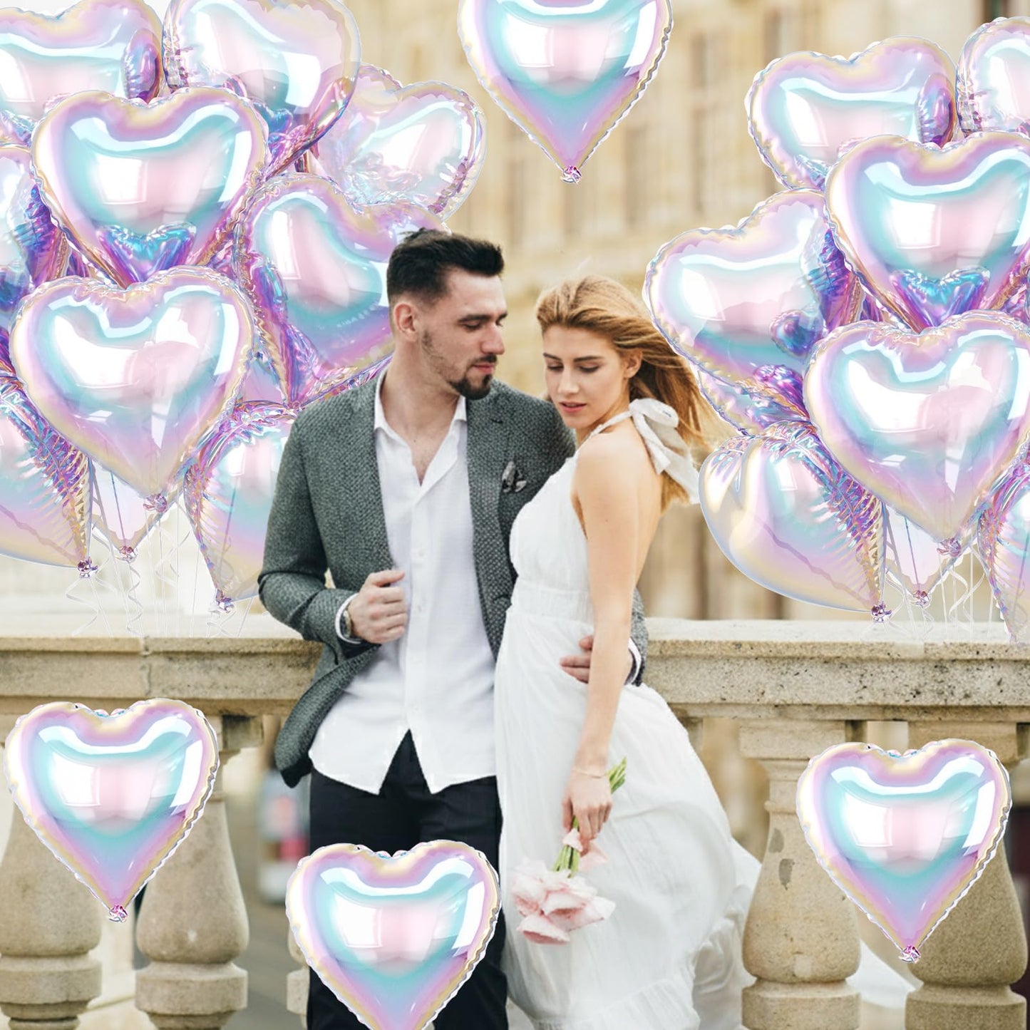 Iridescent Heart Balloons, 10 Pcs Transparent Rainbow Heart Shaped Balloon, 18 Inch Gradient Clear Foil Balloons for Engagement Brithday Baby Shower Wedding Valentines Mermaid Party Decorations