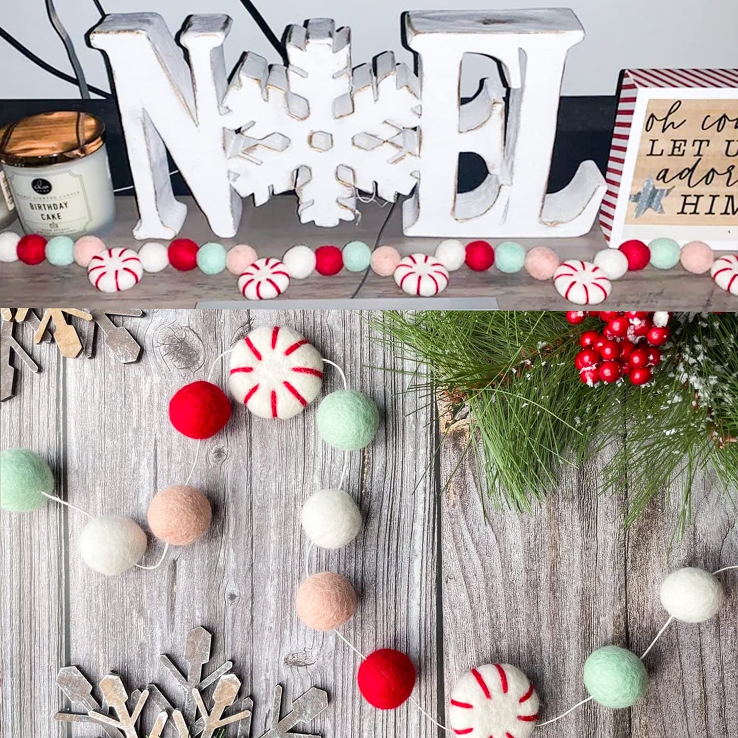 Christmas Felt Ball Garland, Holiday Home Decor, Peppermint Garland Decor, Candy Decorations, Felt Balls for Christmas Tree, Mantel, Kids Bedroom, Living Room, Nursery- 6.56 Ft