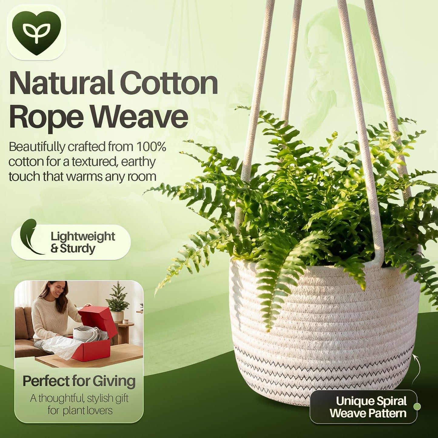 Flexzion Macrame Plant Hanger Basket for Indoor Plants - 8 Inch Jute Rope Planter Pot Cover, Woven Hanging Plant Holder Up to 7 Inch Pots, Boho Hanging Planters Home Decor Storage Organizer (White)