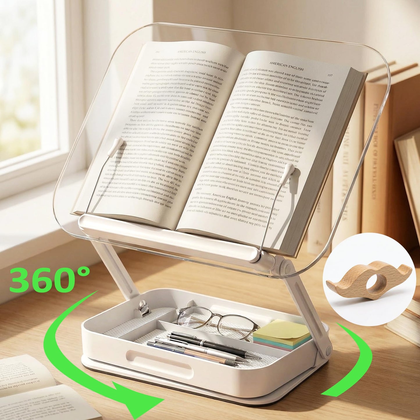 Lifcozy Book Stand for Reading, Acrylic Adjustable Book Holder with Book Page Holder, 360°Cookbook Stand with Storage for Kitchen Counter, Hands Free Recipe Book Holder for Textbook Cookbook, Clear