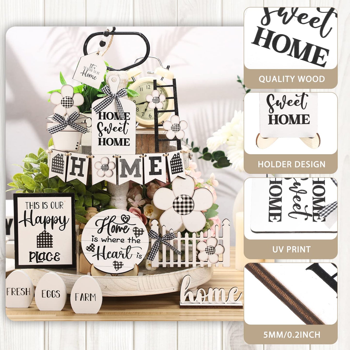 Tatuo 18 Pcs Farmhouse Tiered Tray Decor Set Home Wooden Signs Rustic Home Tiered Tray Decorations Buffalo Plaid Farmhouse Tabletop Wood Signs for Kitchen Table Shelf Decor