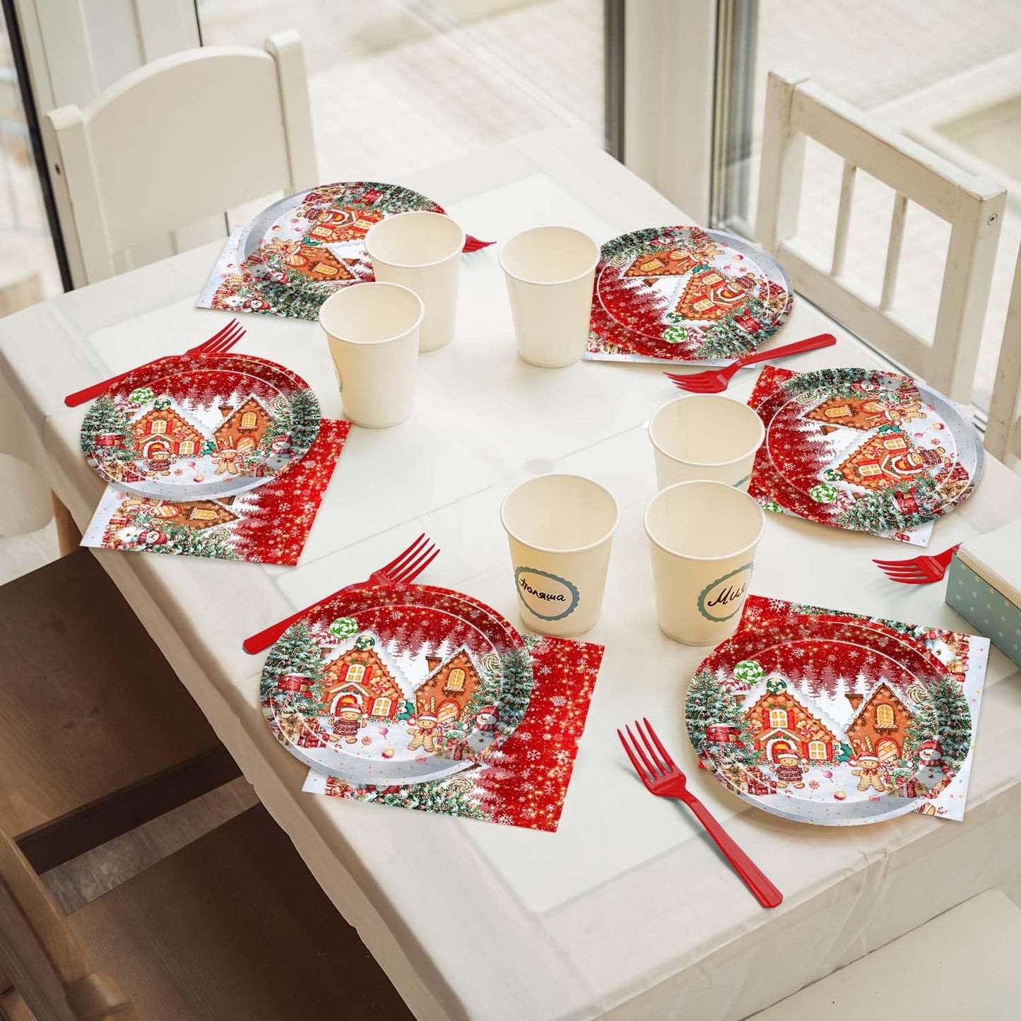 Joliaco 96 Pcs Red Gingerbread House Tableware Set Christmas Candy House Gingerbread Man Disposable Paper Plates and Napkins Xmas Candyland Party Supplies for 24 Guests