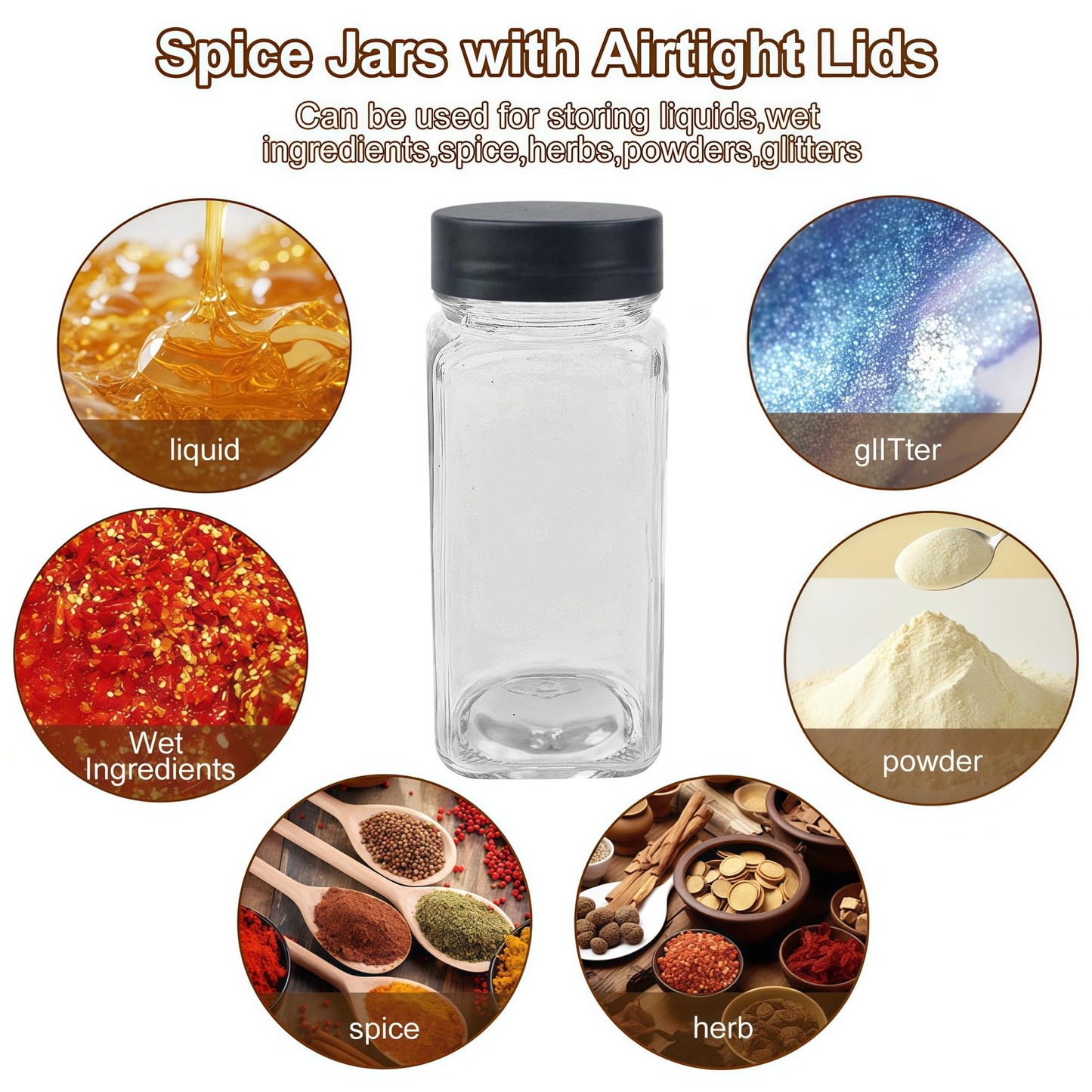 JARXSUN 24Pcs Spice Jars Containers with Labels，4oz Black Seasoning Bottles with Shaker Lids for Rack, Cabinet, Drawer,Empty Square Condiment Pots (24, Black)