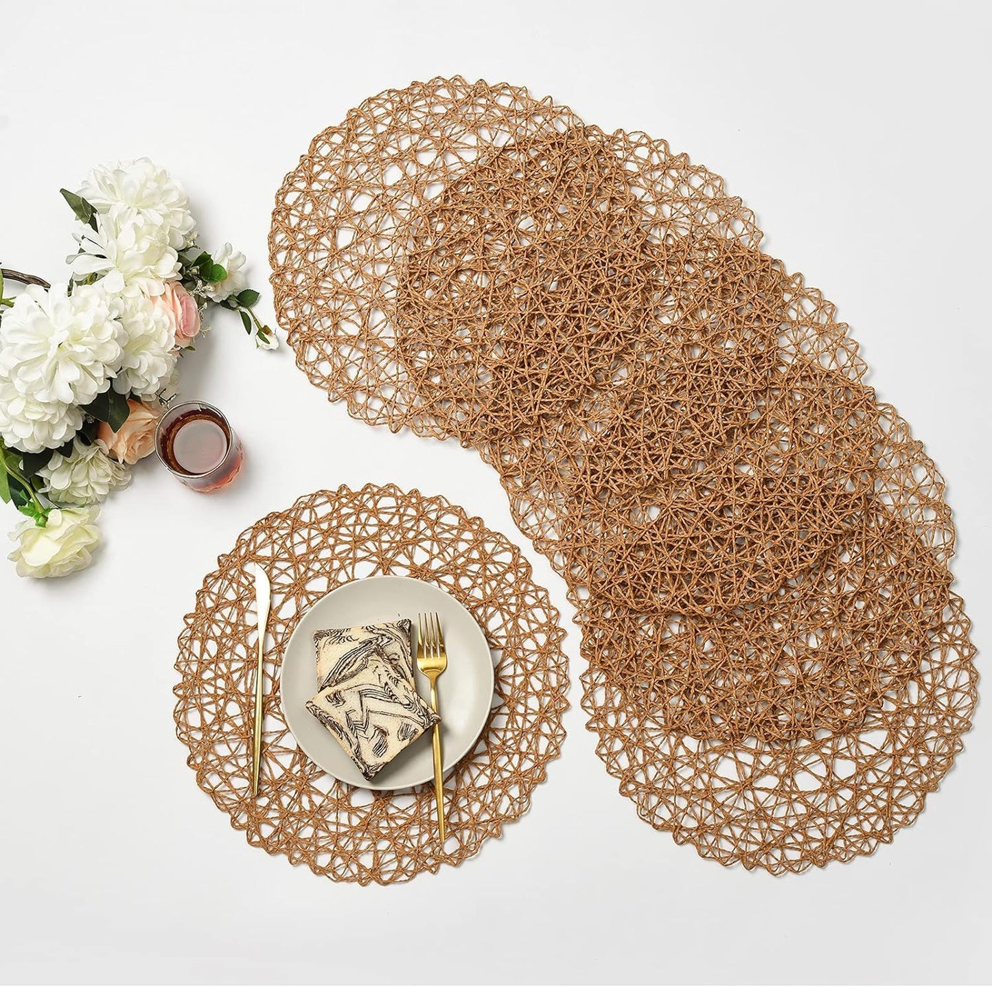 IcosaMro Brown Round Placemats Set of 12 for Dining Table, 13 Inches Paper Woven Boho Small Decorative Circle Place Mat for Wedding Christmas Thanksgiving Day Holiday Dinner, Light Coffee Brown