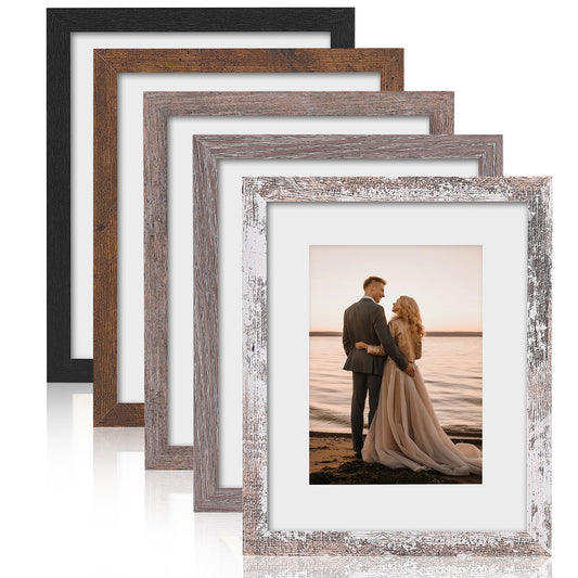 Fixwal 8x10 Picture Frame Set of 5, Vintage Multicolour Photo Frames with Tempered Glass, Decorative Art for Wall Hanging and Tabletop Placement, Display 5x7 with Mat or 8x10 Without Mat