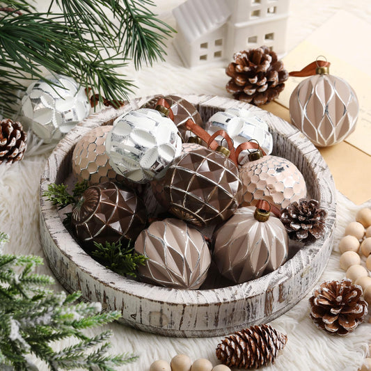 Syhood Neutral Textured Christmas Ball Ornaments 2.4 Inch Vintage Boho Xmas Tree Decoration Rustic Distressed Shabby Xmas Baubles Antique Farmhouse Modern Christmas Decor for Tree(Earth Tones,12 Pcs)