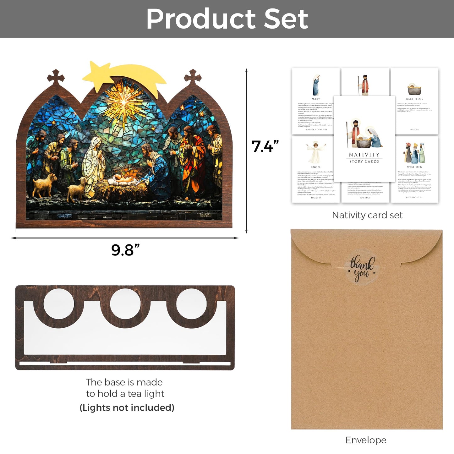DINIZON Wooden Nativity Set, Wood Christmas Nativity Scene Set, Miniature Holy Family Figurines, Table Top Boho Christmas Jesus Decorations for Indoor Mantel Display, Miracle In A Manger Gift (Candle Holder)
