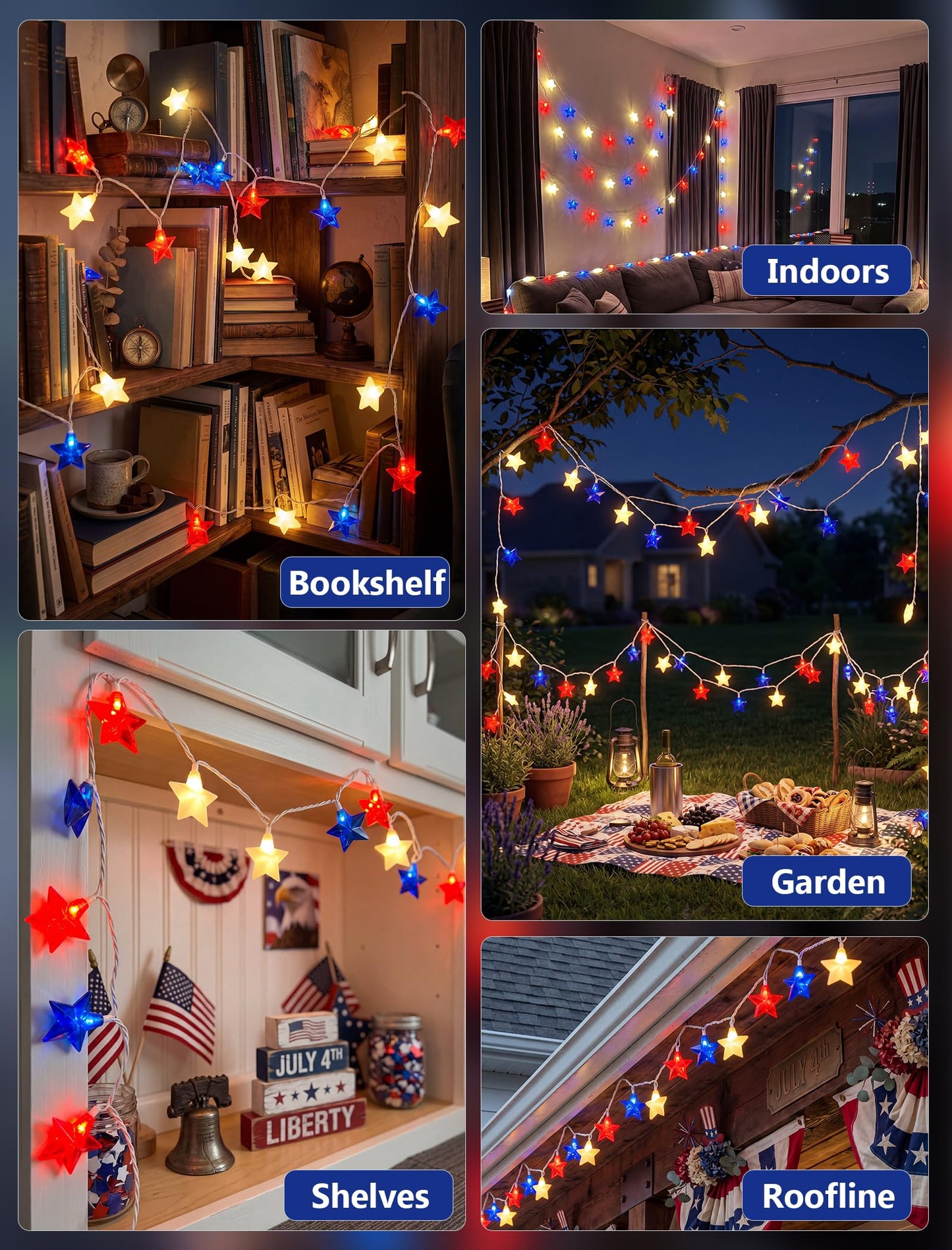 LED Red White Blue Star String Lights Plug in, 8.5Ft 4th of July Decorations Lights with 10 LED Star Light, Hanging Patriotic Outdoor Lights for Independence Day Window Home Patio Party Garden Decor