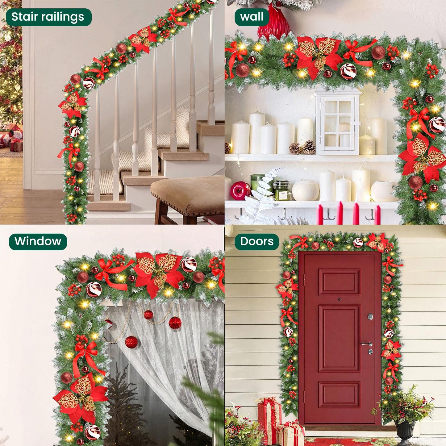 Christmas Garland with Lights, 9ft Battery Operated LED Garland with Timer, 30 Warm White LEDs, Waterproof Christmas Decorations for Indoor Outdoor Mantel, Stairs, Doorway, Window, Porch, Home
