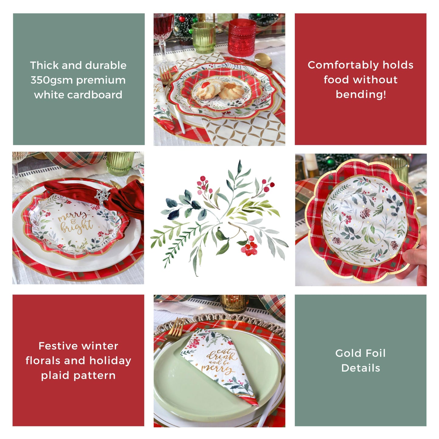 Kate Aspen 62pc Christmas Tableware Set Holiday Dinner Party Kit - 16pcs 7 inch & 9 inch Heavy Duty Disposable Party Plates, 30pcs 6.5 inch Durable Paper Napkins