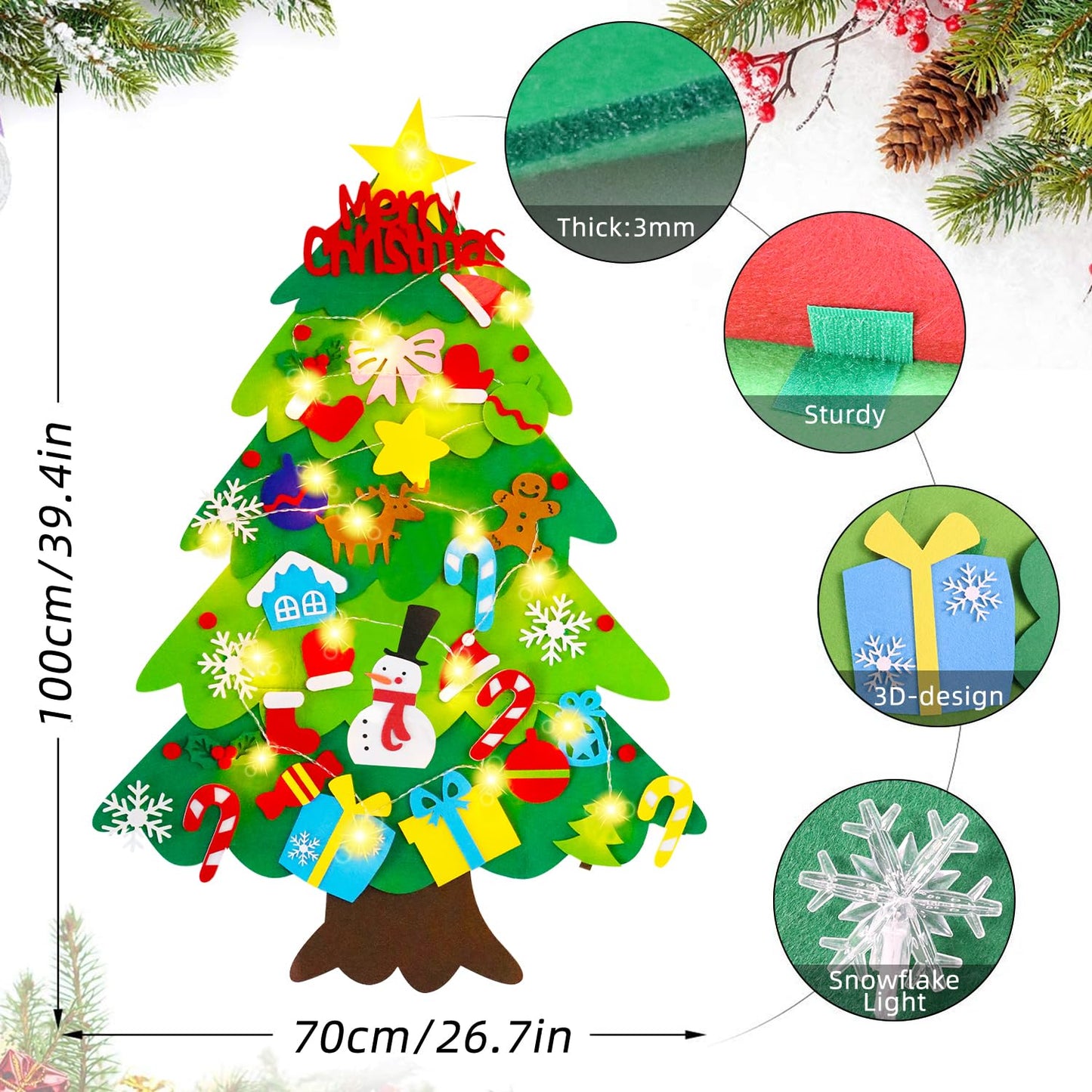 EMPOF Felt Christmas Tree for Toddlers - 3.3ft Felt DIY Tree Set for Kids Wall with Snowflake Lights + 32 Ornaments, Indoor Christmas Home Wall Hanging Decor Decorations, Xmas Activities Gifts