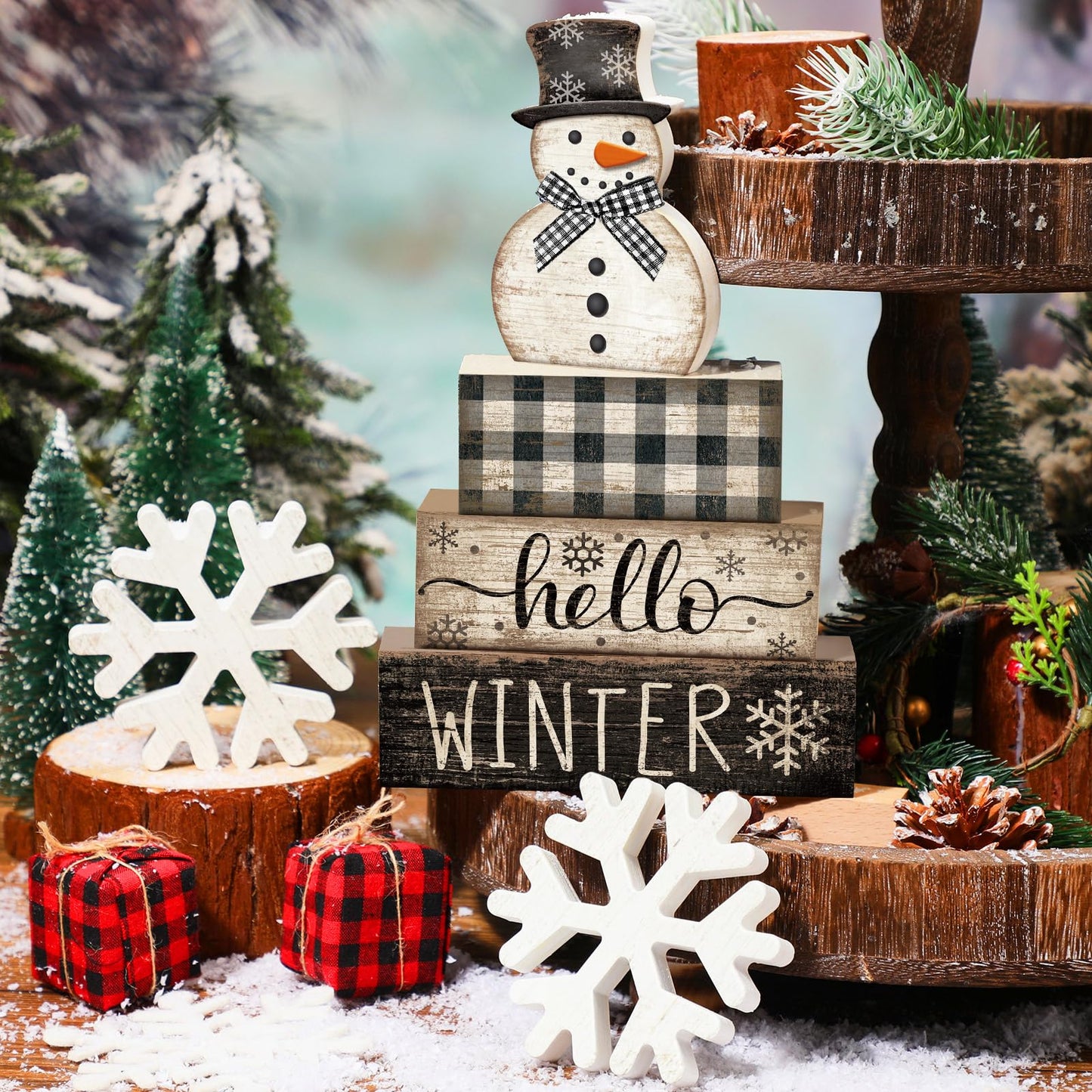 Colingmill 6 Pcs Snowman Christmas Decor Winter Table Decorations Winter Tiered Tray Decor Wooden Snowman Snowflake Signs Christmas Table Centerpiece for Farmhouse Home Kitchen Shelf Office Decoration