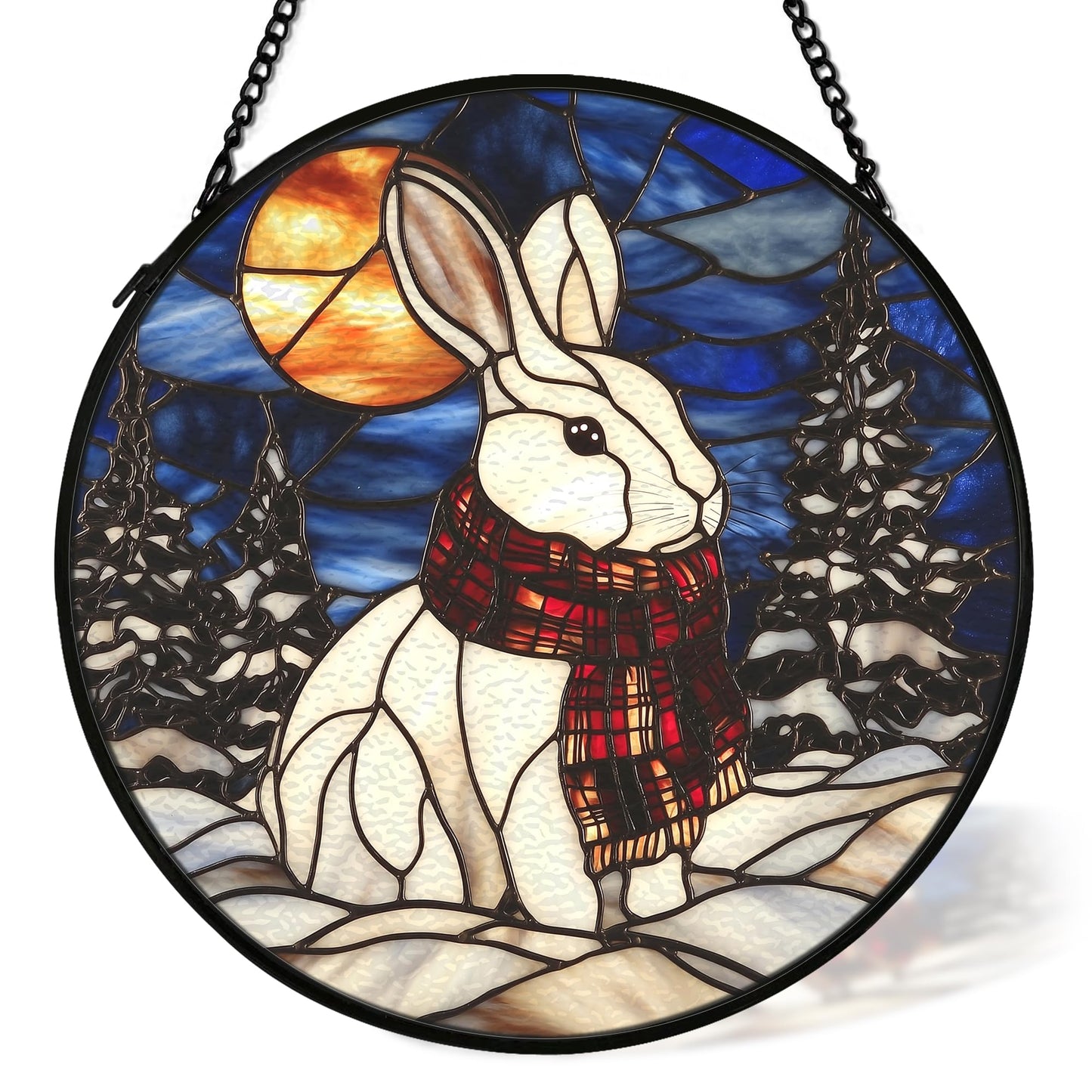 cvjutf Winter Christmas Bunny Suncatcher Stained Glass Window Hanging Decorstions, Nature Landscape Stained Glass Wall Decor, Winter Solstice Gifts, Forest Garden Lawn Sun Catchers Art, 7.9x7.9Inch