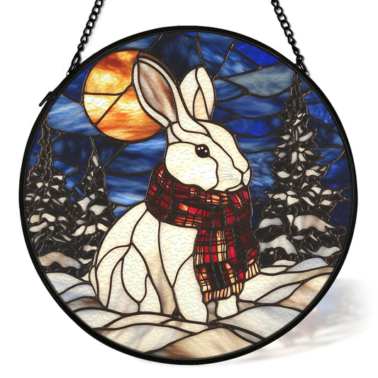 cvjutf Winter Christmas Bunny Suncatcher Stained Glass Window Hanging Decorstions, Nature Landscape Stained Glass Wall Decor, Winter Solstice Gifts, Forest Garden Lawn Sun Catchers Art, 7.9x7.9Inch
