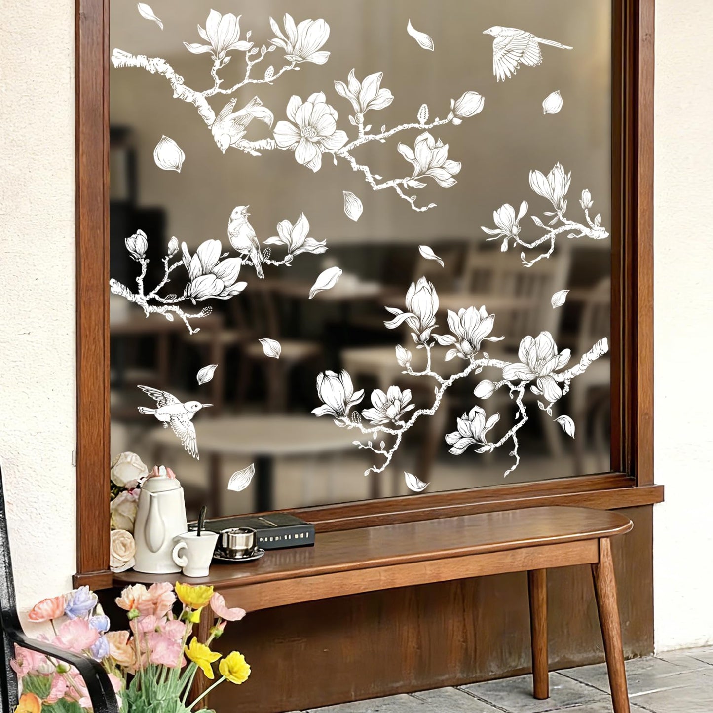 Supzone Magnolia Flower Tree Window Clings White Tree Branch Birds Window Decals Double-Sided Anti-Collision Static Stickers for Home Slide Glass Door Decoration