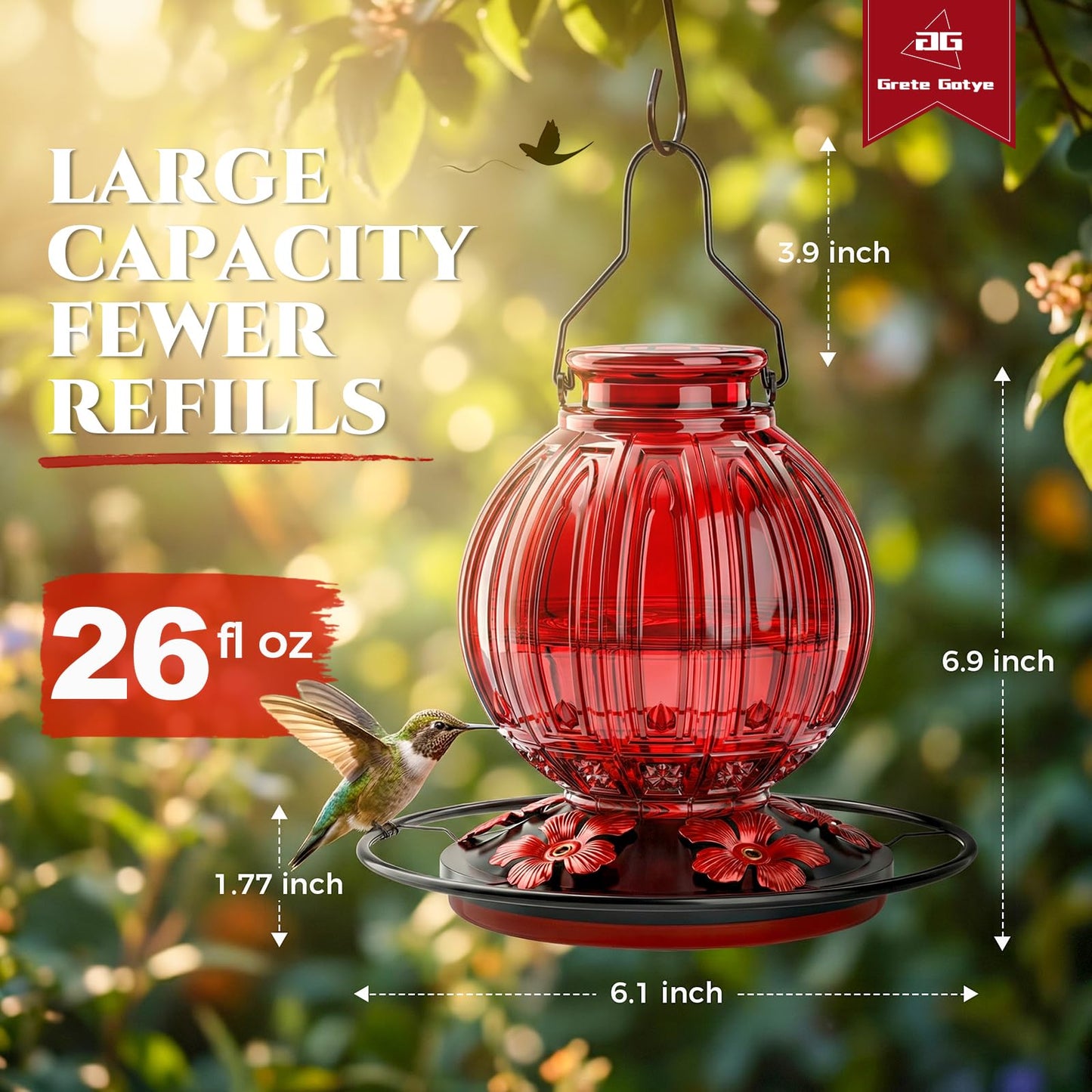 Glass Hummingbird Feeder for Outdoors Hanging, 26Oz Bird Nectar Feeder with Perch & 5 Flower Feeding Ports, Leak Proof for Outside Garden Decor Backyard, Gifts for Women Mom, Red