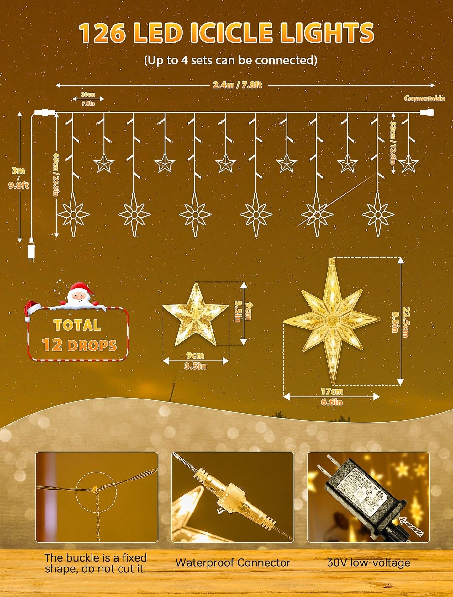 BEEWIN 126 LED Star Icicle Lights,7.8ft Connectable Window Curtain Lights Plug in,8 Lighting Modes Timer Bethlehem Star Christmas Light for Indoor Outdoor,Bedroom,Wedding,Ramadan Decor,Warm White