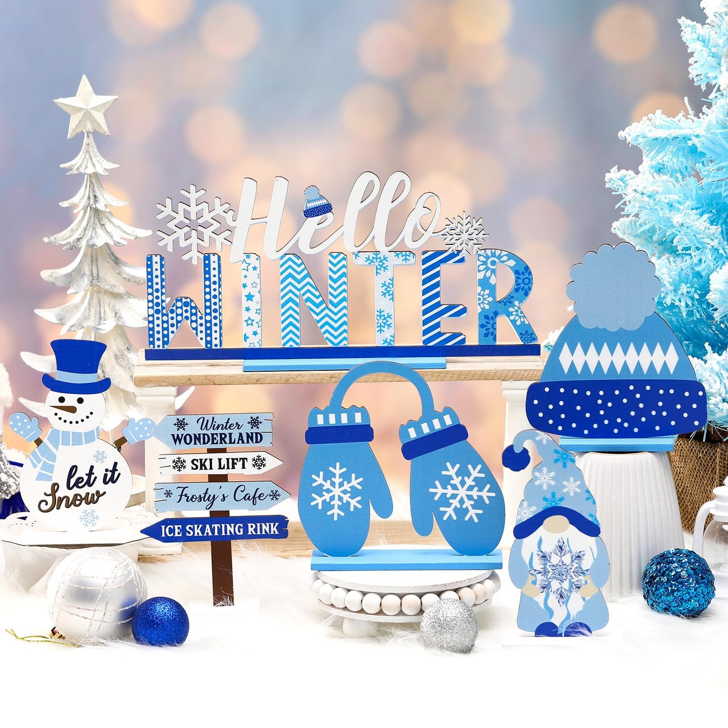 Barydat 6 Pcs Winter Wooden Table Decorations Snowman Snowflake Wooden Centerpieces for Party Black White Blue Tabletop Block Signs Winter Tiered Tray Decor for Home Office Kitchen(Snowman)