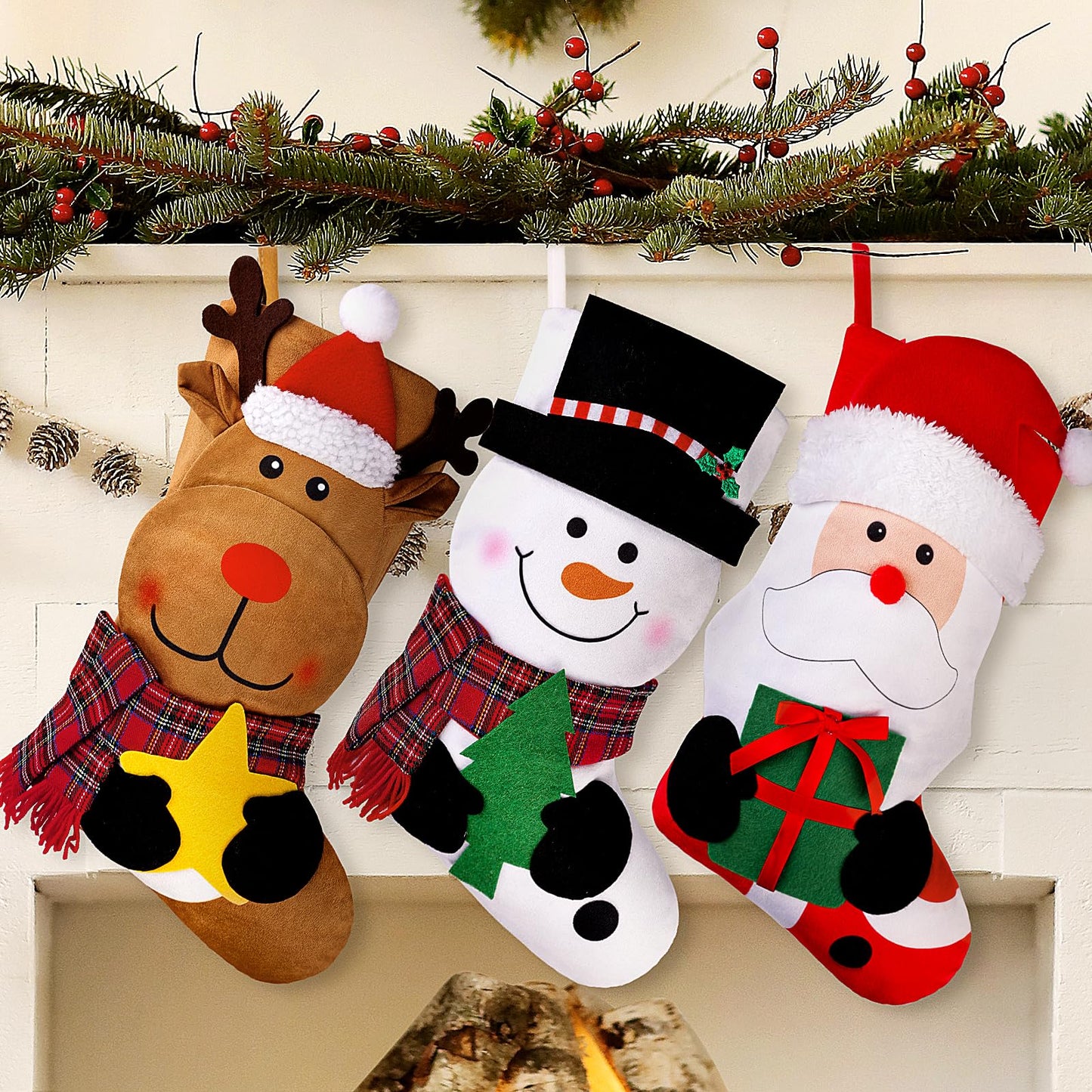 EverMerry 3 PCS 18" Christmas Stocking, Large Xmas Christmas Stockings Santa, Snowman, Reindeer Character for Holiday Party Fireplace Home Decorations