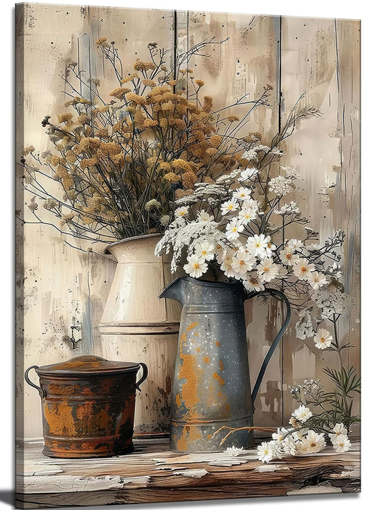 Farmhouse Rustic Daisy Canvas Wall Art Vintage Country Floral Posters Print White Jasmine Flowers and Rust Color Watering Can Wall Decor Picture for Living Room Bedroom Bathroom Decoration