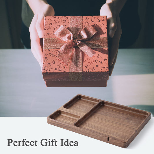SEEDWAVE Walnut Wooden Valet Tray – Bedside Table Organizer for Men Dad, Edc Catch All Tray with Cable Slot (11.4 x 7.9 x 0.8 Inch)