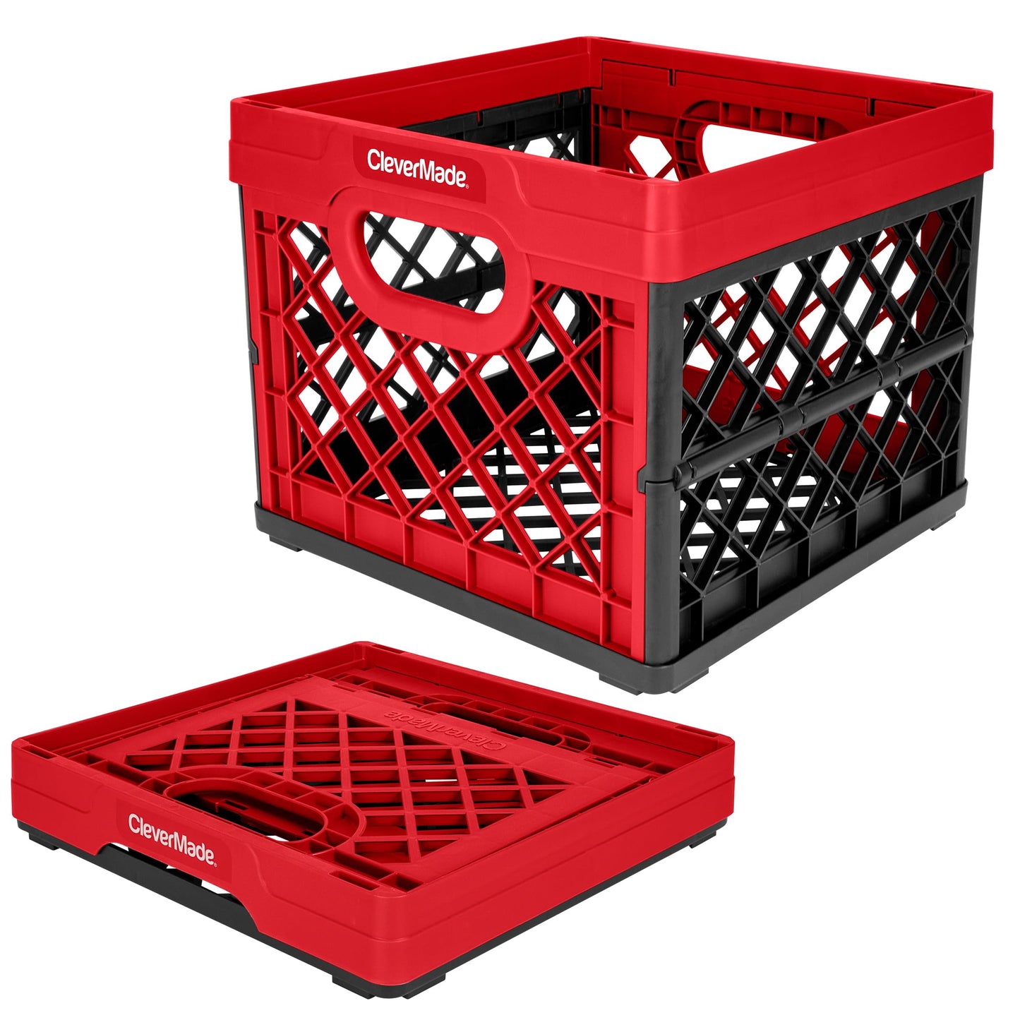 CleverMade Collapsible Milk Crate 25L (6.6 Gal), 50 lb Capacity Heavy Duty Folding Crate – Stackable Storage Crates with File Rails, Plastic Collapsible Crates - Red