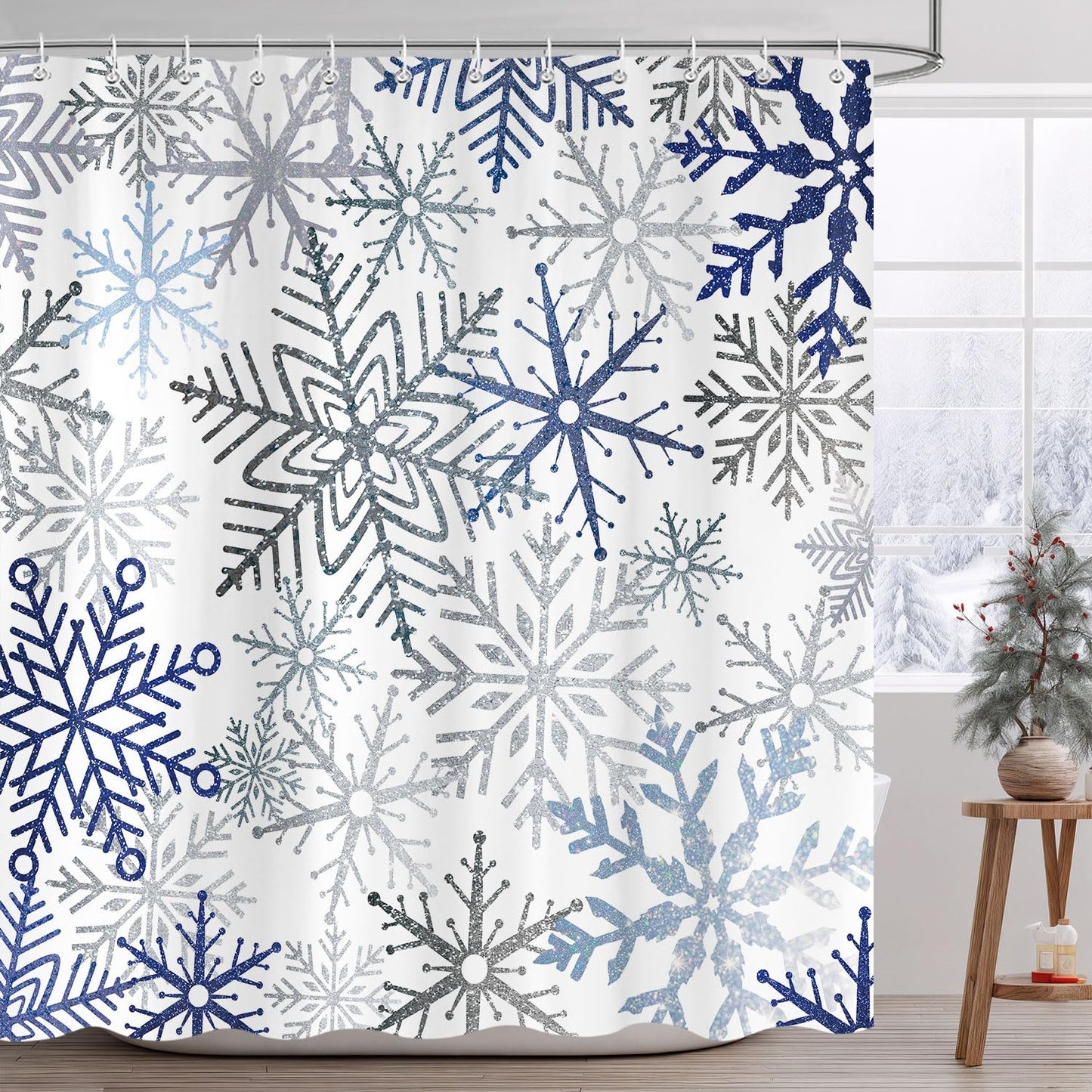 Raoycla Christmas Snowflake Shower Curtain, Blue Xmas Winter Snow Bathroom Decor, Silver Grey Snowflake Christmas Holiday Simple Shower Curtains for Bathroom 72 x 72 Inch with 12 Hooks