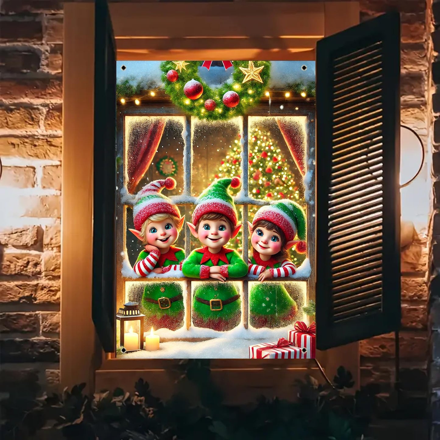 BlissYard Christmas Window Cover 31x47 Inch Elf Window Poster Decoration for Holiday Kids Room Indoor Xmas Wall Scene Winter Window Backdrop Display