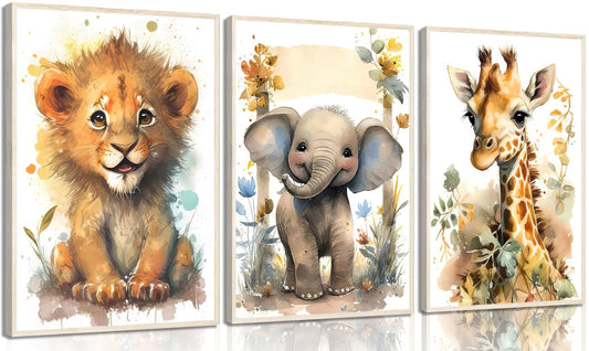 RSYJHIK 3Pcs Kids Safari Nursery Wall Art Cute Jungle Animal Canvas Paintings Baby Watercolor Animal Pictures Wall Decor Giraffe Elephant Lion Posters Prints for Boys and Girls Bedroom Unframed