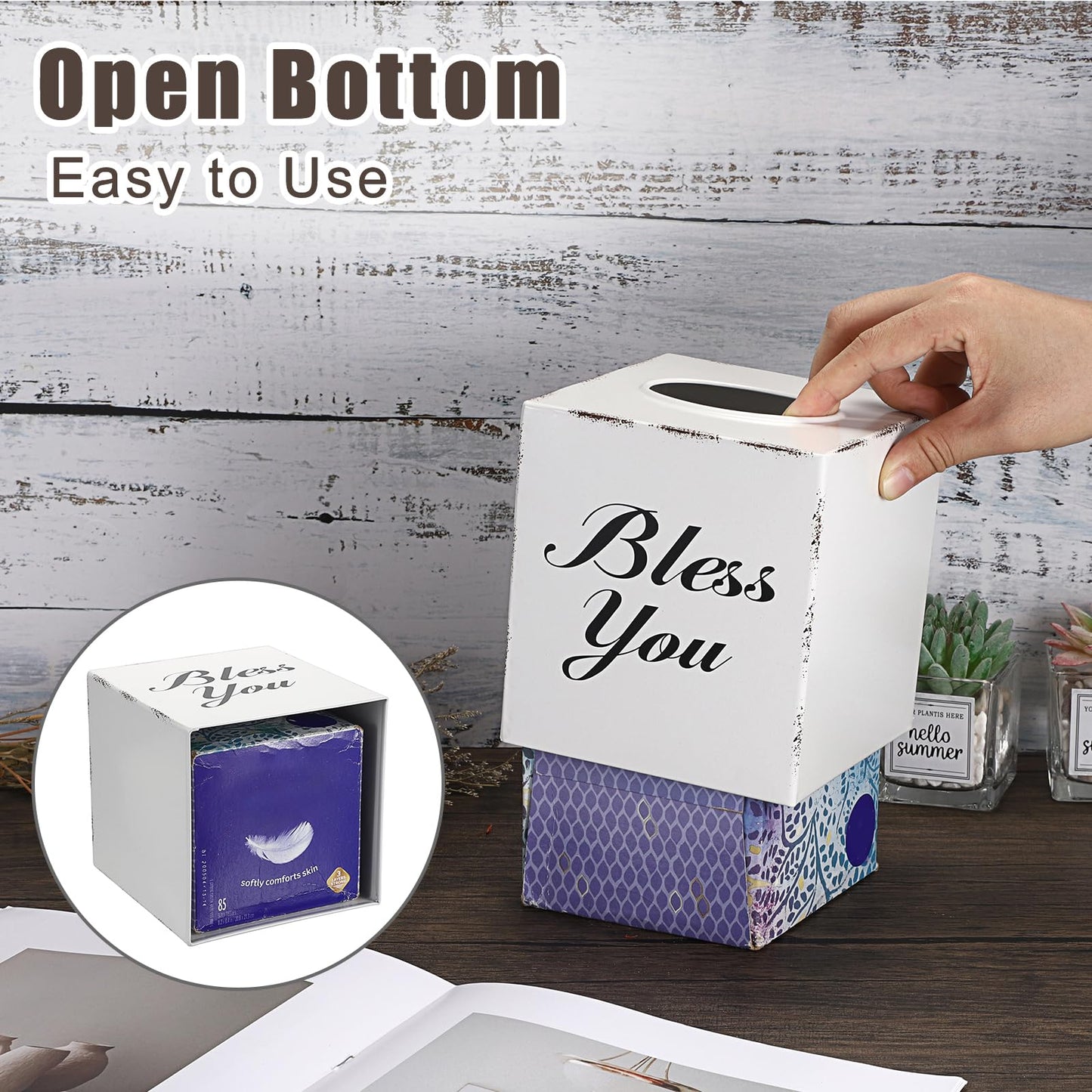 Sumnacon Tissue Box Cover Square, Bless You Tissue Holders, Decorative Tissue Box Holder Open Bottom, Cube Metal Tissue Cover for Bathroom, Bedroom, Living Room, Office, Tabletop, Gift Option, White